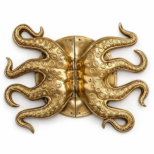 May include: A gold-colored door handle featuring an octopus design. The handle is split into two halves, each with four tentacles extending outwards. The tentacles have textured suckers and are arranged symmetrically around a central, circular plate.