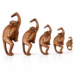 Hand Carved Wooden Monkey Family Set, Boho Decor