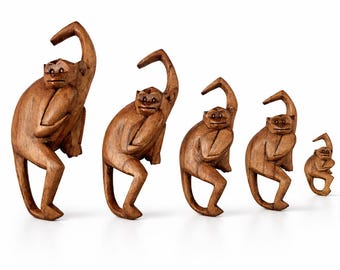 Conjunto de familia de monos de madera tallada a mano, decoración bohemia