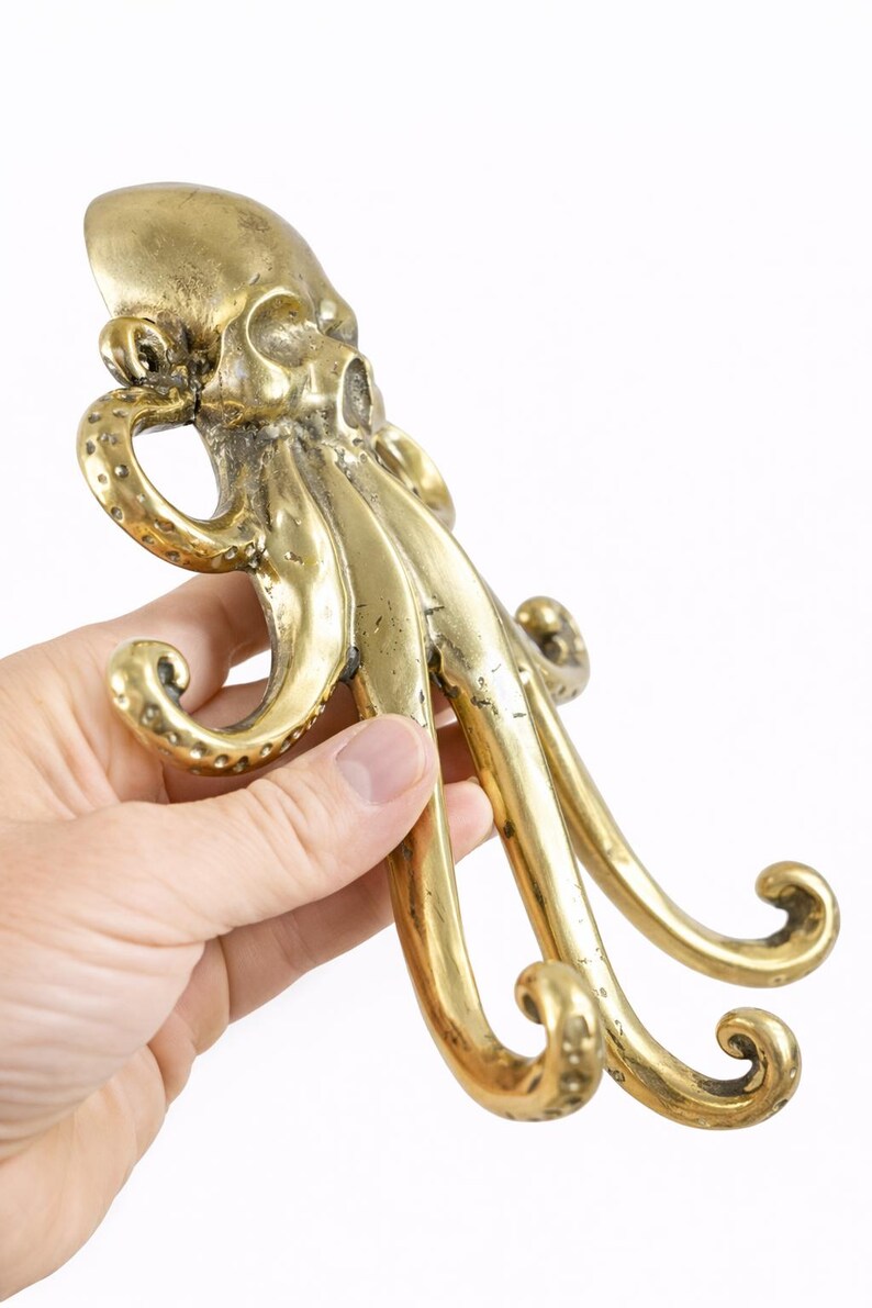 Side view brass octopus hook, kraken coat hook decorative nautical brass wall hanger