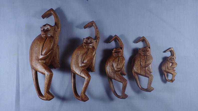 Affe Skulptur, Mönchfamilie, handgeschnitztes Holz Natural brown stain