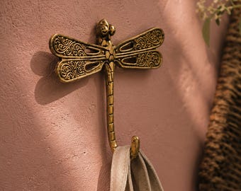 Dragonfly Wall Hook Brass, Boho Cottagecore Hook, Nature-Inspired Entryway Decor