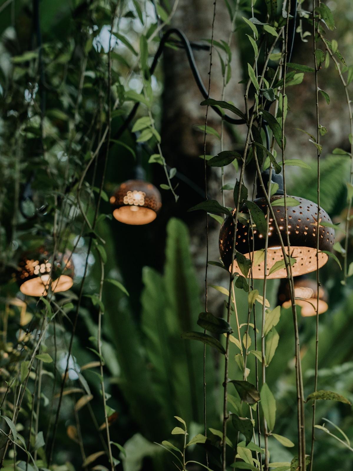 Set of 8 Hand Carved Coconut Shell Lamp Shades, Tropical Outdoor