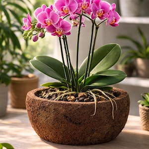 May include: A vibrant pink orchid plant in a textured brown pot. The orchid has multiple stems with clusters of pink flowers and green leaves. The pot sits on a wooden surface, with other plants in the background.