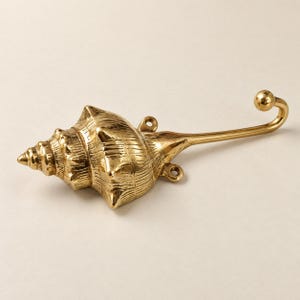 Front view of brass shell spiral hook standing upright on a cream background