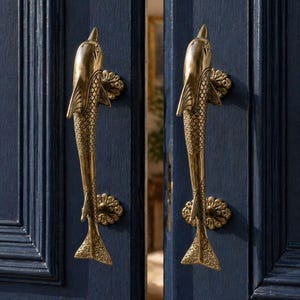 Brass Dolphin Door Handle Set, Double Door Handle Pair, Nautical Door Pull, Coastal Front Door Hardware, Beach House Entry Handle