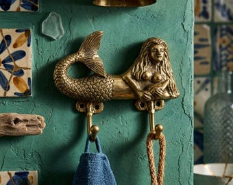 Brass Mermaid Double Hook, Coastal Decor Hanger