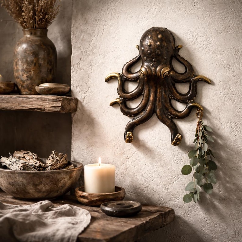 Brass octopus wall hook decorative ocean animal hook nautical coastal home decor