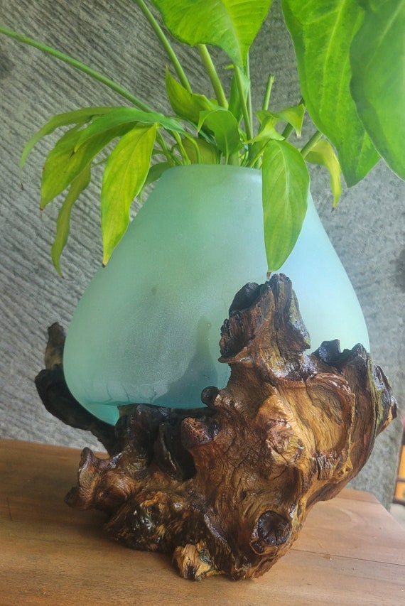 Glass Bowl Molded to Wood Piece / Unique DIY Candle / Flower Etsy