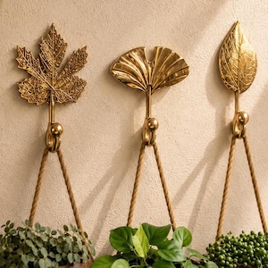 Set of 3 Recycled Brass Leaf Wall Hooks, Botanical Decor