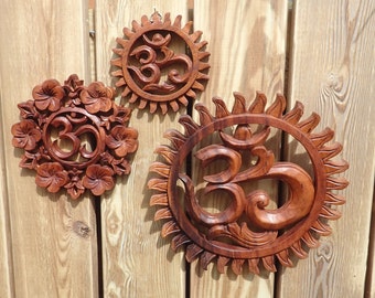 Wooden hand carved Om medallion symbol in 3 sizes