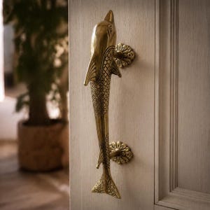 Dolphin Door Handle, Seahorse Mermaid Pull — Brass Nautical Hardware, Beach House Decor, Coastal Housewarming Gift, Vintage Entry