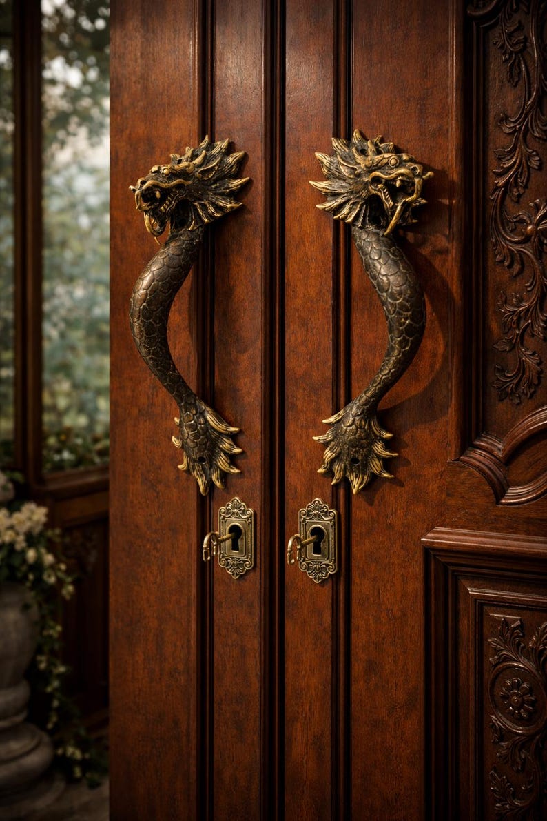 Dragon Door Handle Set, Brass Double Entry Pull Pair — Gothic Decor ...