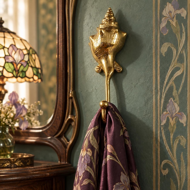 Brass shell spiral hook mounted on a green wall near a vintage vanity mirror holding a scarf