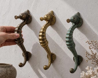 Maniglia per porta a forma di cavalluccio marino, maniglia nautica in ottone massiccio, ferramenta costiera, decorazione per ingresso casa sulla spiaggia, stile sirena