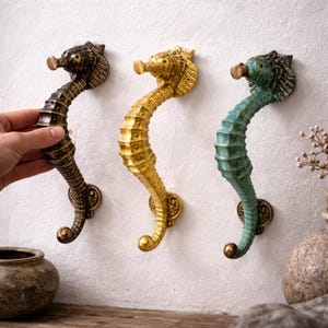 Seahorse Door Pull Solid Brass Nautical Handle Coastal Hardware Beach House Entry Decor Mermaid Style