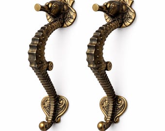 Seahorse Cabinet Pull Set of 2-Nautical Drawer Pulls, Solid Brass Hardware