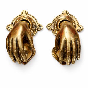 Brass Hand Door Knocker Set – Fist & Ball, Gothic Entry Hardware