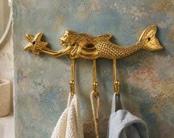 Brass Mermaid Wall Hook, 3-Hook Fused Design, Coastal Nautical Coat Hook, Towel Key Jewelry Holder, Handmade Bali Decor