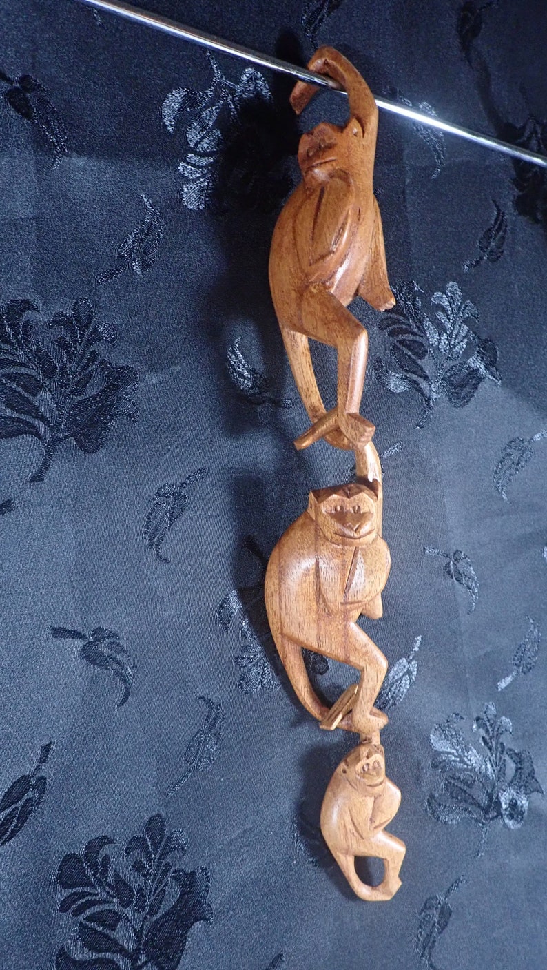 Affe Skulptur, Mönchfamilie, handgeschnitztes Holz Bild 4