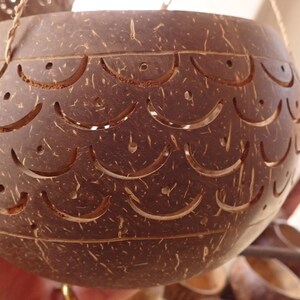 Handmade coconut shell pendant lamp carving detail, tropical lighting craftsmanship