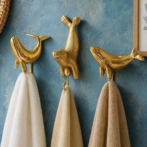 3 Pcs Sea Life Hook Bundle – Brass Whale & Seal Towel Hanger Set