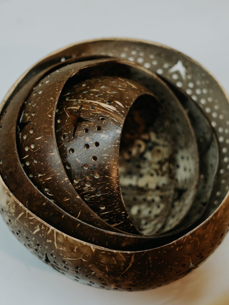 Natural coconut shell carved bowls, handmade coconut lighting material eco decor Bali