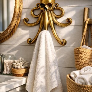 Brass octopus towel hook in bathroom, nautical octopus wall hook coastal bathroom decor brass hardware