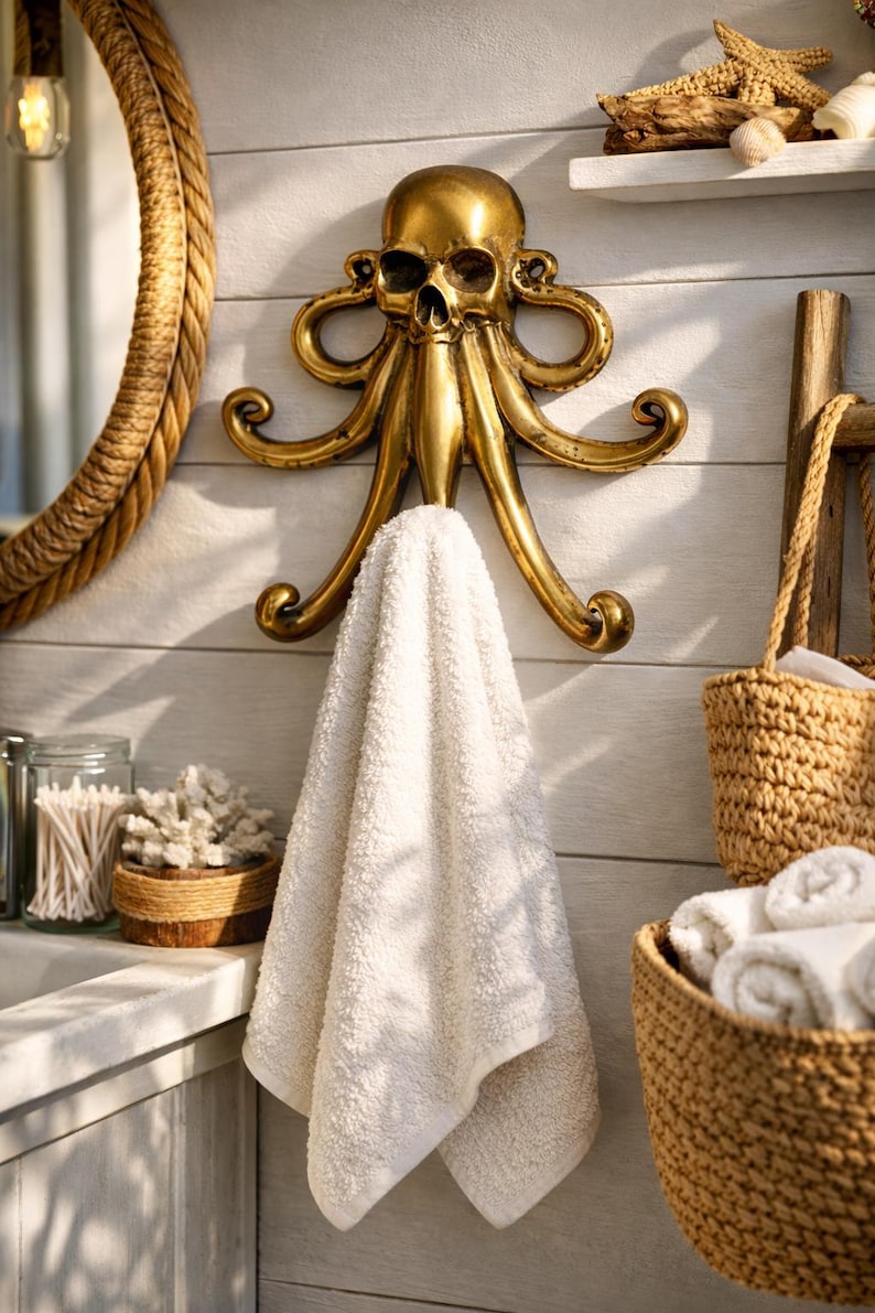 Brass octopus towel hook in bathroom, nautical octopus wall hook coastal bathroom decor brass hardware