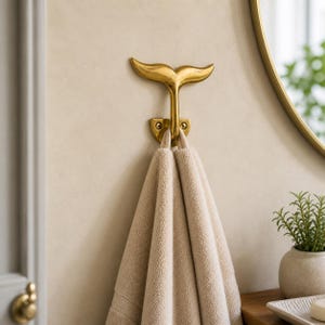 Brass Whale Tail Wall Hook, Coastal Decor, Nautical Wall Hook, Hand Towel Hook, Coat Rack Hook, Beach House Housewarming Gift