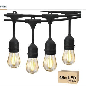 Outdoor hanging light set compatible with coconut lamps, patio string lighting example
