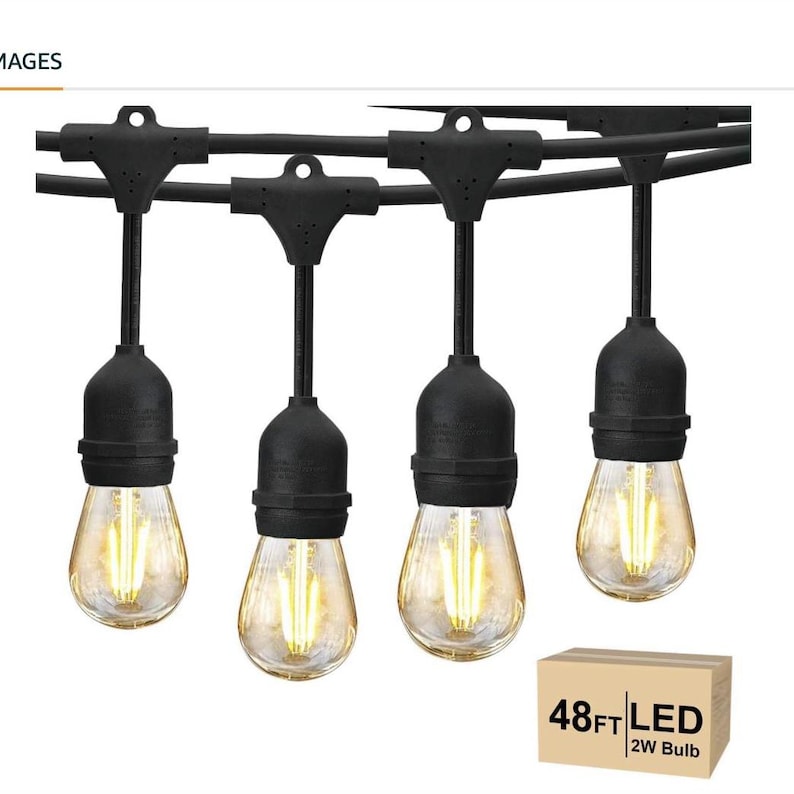 Outdoor hanging light set compatible with coconut lamps, patio string lighting example