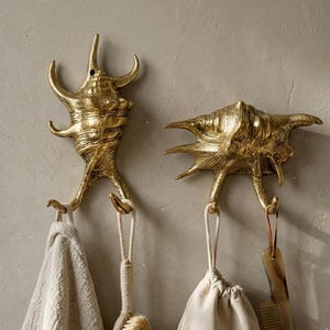 Set of 2 Brass Sea Shell Hooks, Coastal Nautical Beach House Bathroom Decor