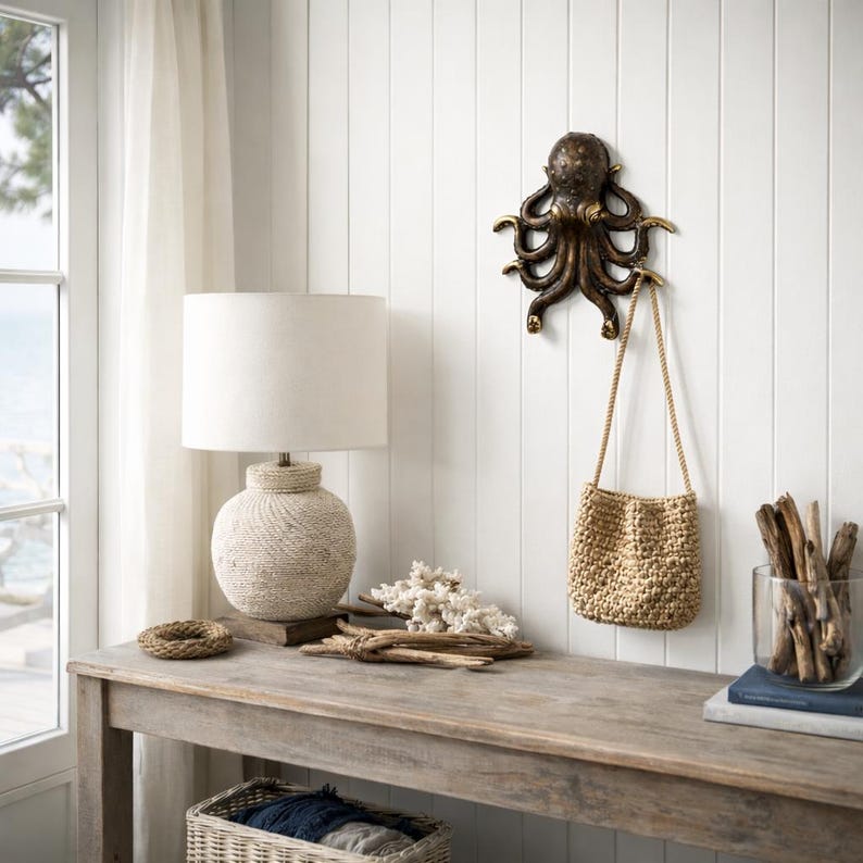 Octopus wall hook used as coat hook and hanging decor in beach house interior