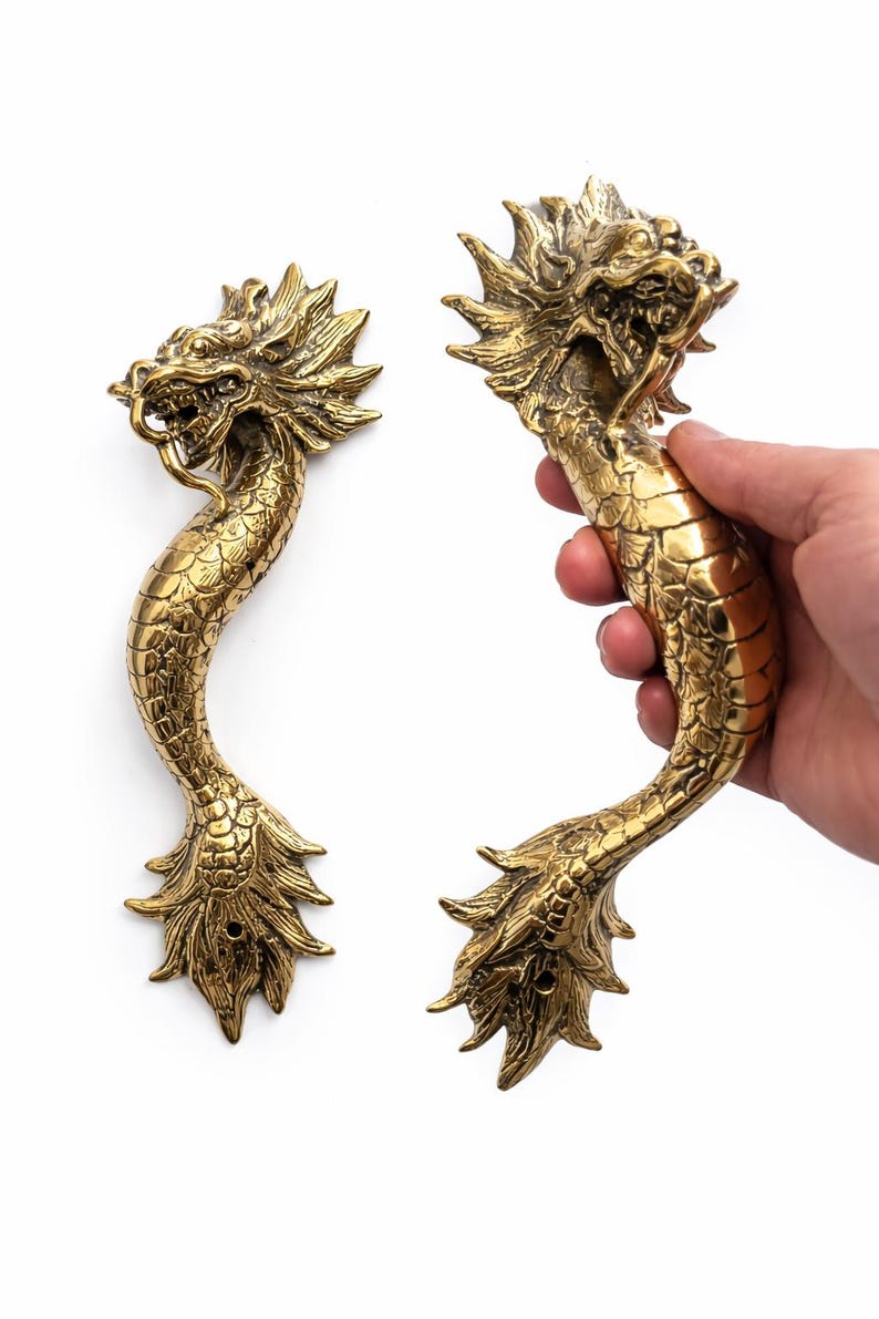 Hand holding dragon door handle size reference solid brass dragon pull