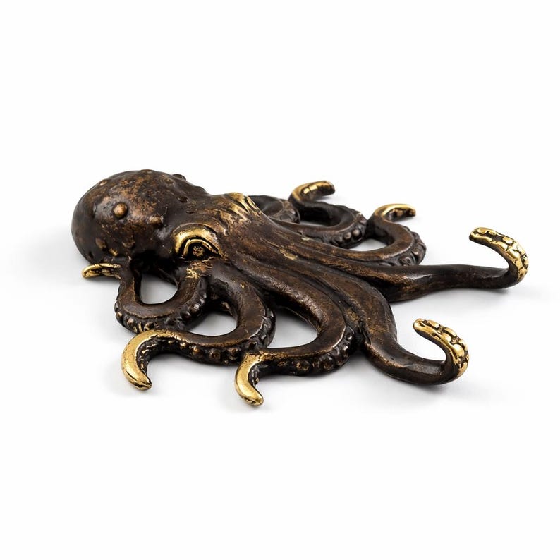Side view of brass octopus coat hook marine animal wall hook decorative storage