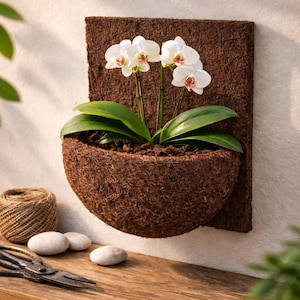 Peut inclure: Un pot mural en matériau tissé brun, contenant une orchidée blanche aux feuilles vertes. Le pot est fixé à un support rectangulaire. L'orchidée a des pétales blancs avec des centres jaunes et roses.