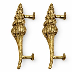 May include: A pair of gold-coloured seashell-shaped door handles. Each handle features a textured, spiralled top, a bulbous midsection, and a curved, tapered base. The handles are mounted on a white background.