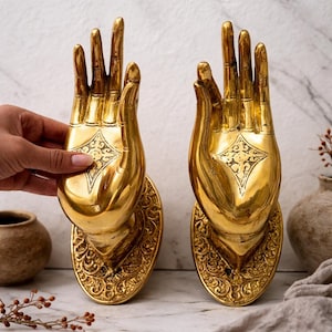 Jeu de 2 aiguilles shuni mudra en laiton (tailles S, M, L) | Crochet mural Bouddha en batik à la main | Studio de yoga Décoration Wabi Sabi | Poignée de porte