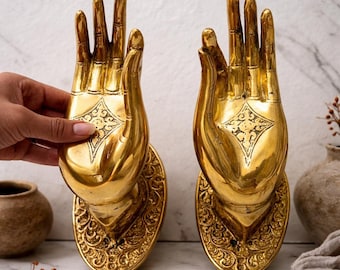 Juego de 2 manos Shuni Mudra de latón (tamaños S, M, L) / Gancho de pared con forma de mano de Buda Batik / Decoración Wabi Sabi para estudio de yoga / Tirador de puerta