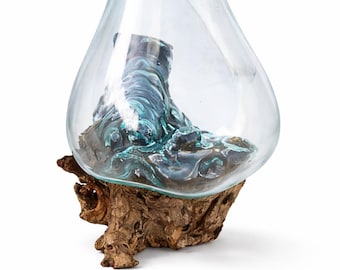 Molten Glass Bowl on Driftwood – Unique Tabletop Vase