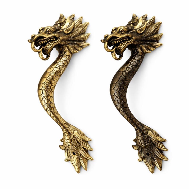 Dragon door handle mounted on wooden front door vintage brass dragon door pull