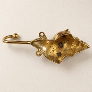 Brass shell spiral hook in an antique patina finish showing spiral shell detail