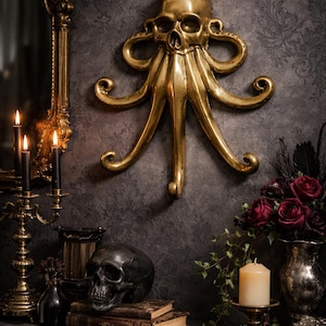 Gothic brass octopus wall hook with skull design, kraken decor dark academia wall hook
