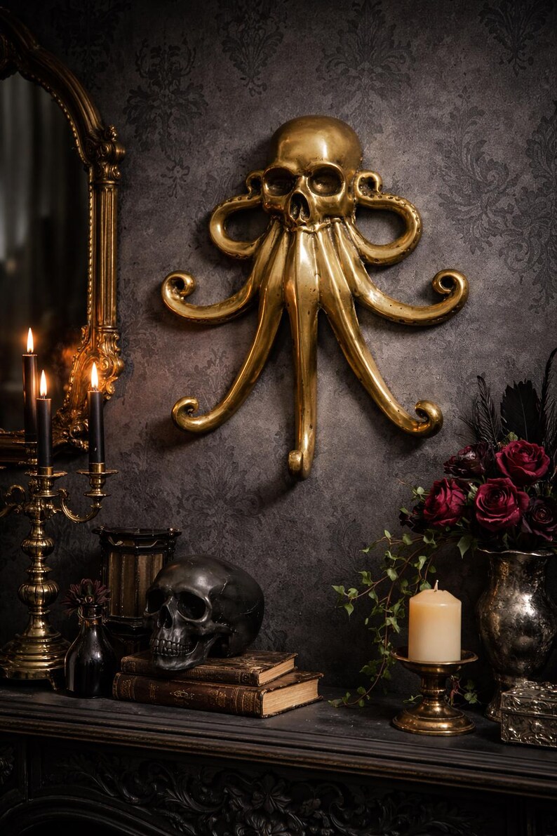 Gothic brass octopus wall hook with skull design, kraken decor dark academia wall hook