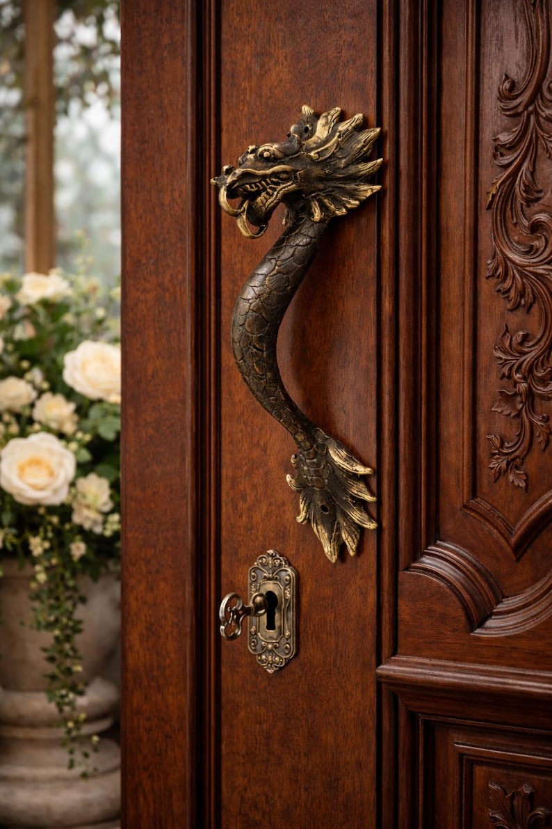 Solid brass dragon door handle vintage bronze dragon door pull front door hardware