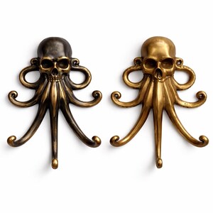 Set of brass octopus wall hooks, kraken coat hooks nautical brass hardware home decor