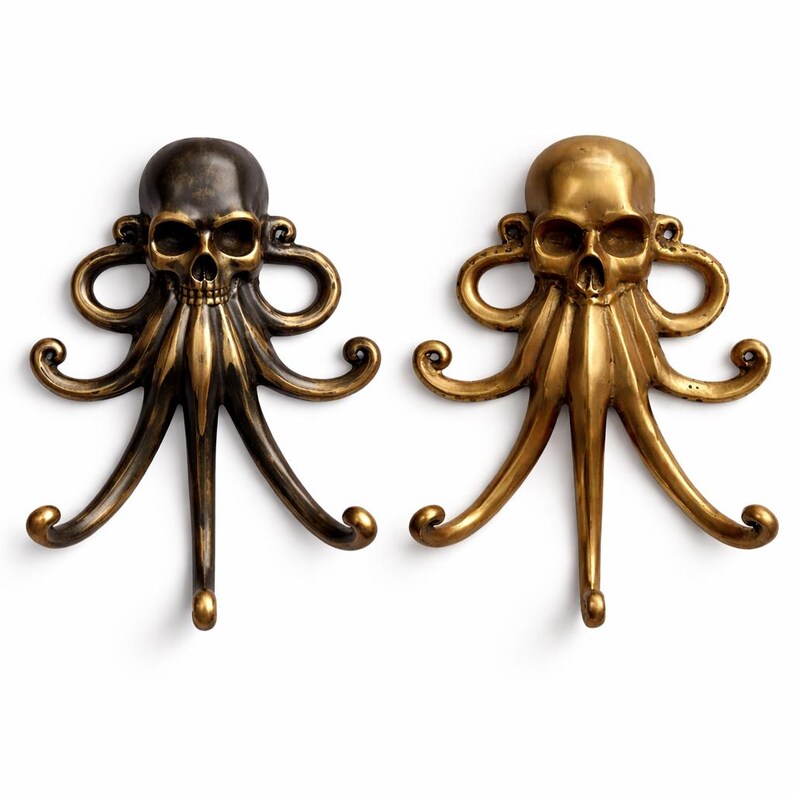 Set of brass octopus wall hooks, kraken coat hooks nautical brass hardware home decor
