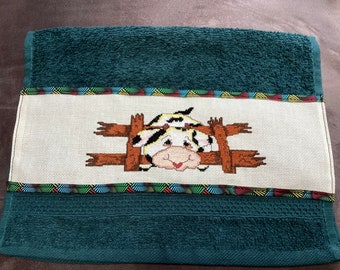 dark green cow embroidery guest towel