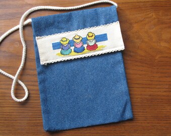 Navy embroidered denim shoulder strap bag
